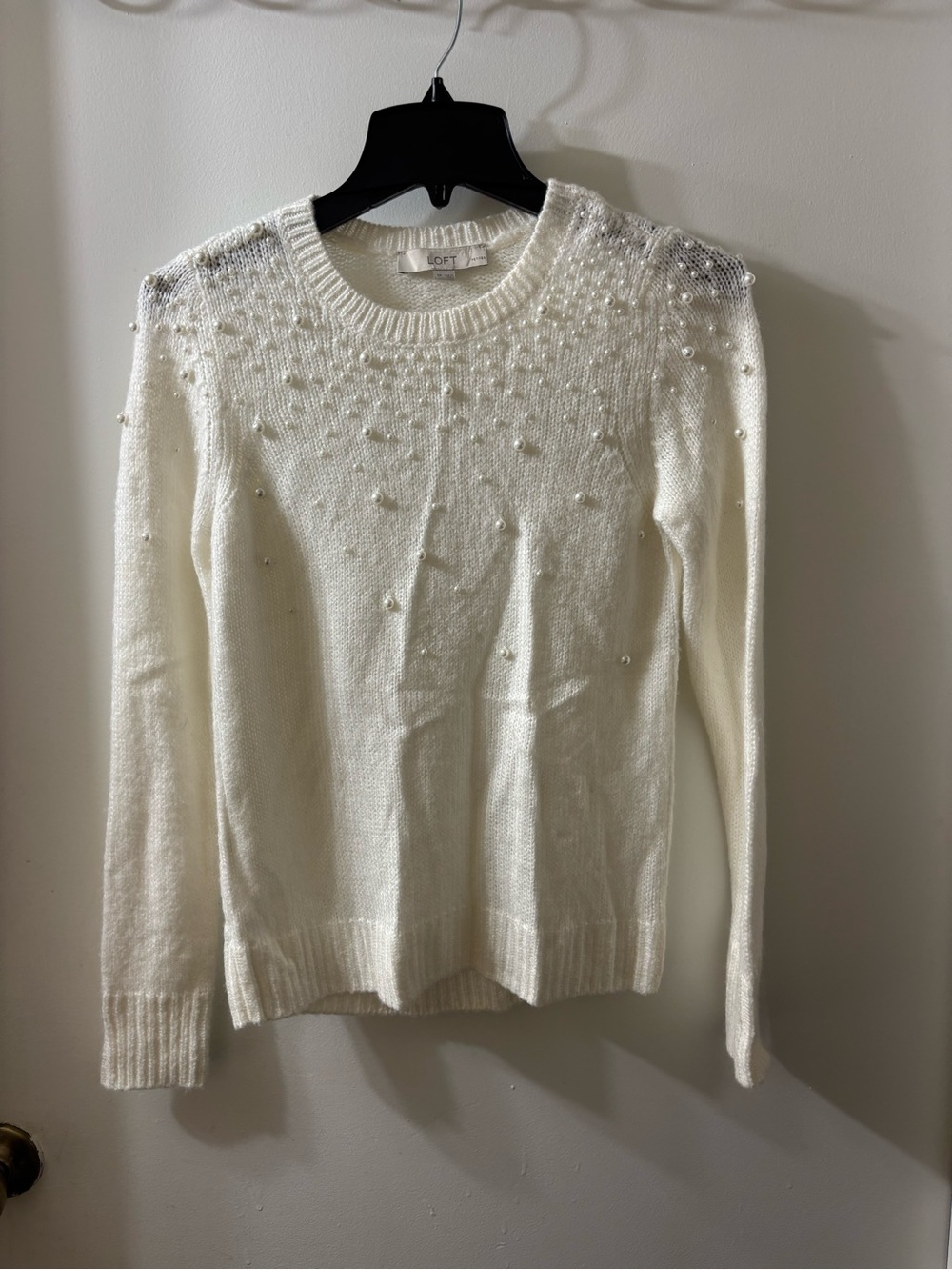 LOFT Cream Pearl-Embellished Crewneck Sweater